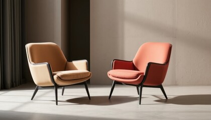 Two stylish armchairs in a modern interior setting with warm lighting