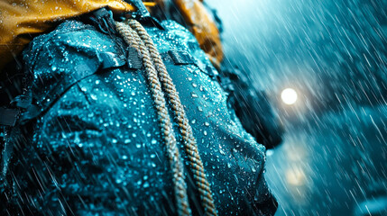 Close up of waterproof rescue bag covered in raindrops, showcasing durability and resilience in harsh weather conditions