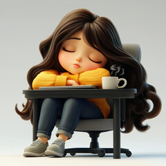 3D character of a tired woman with long dark hair sitting at a desk against a white background,