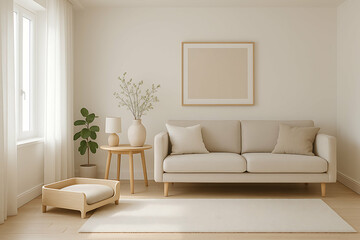 Fototapeta premium minimalist pet friendly home. A minimalist living room with a beige sofa, wooden side table, decorative vases, potted plants, and a soft rug illuminated by natural light from a window.