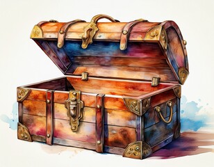 watercolor painting of an open empty vintage wooden chest or trunk featuring intricate details like brass latches and leather straps perfect for themes of travel adventure or storage