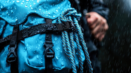 Waterproof rescue bag with vibrant blue color, showcasing water droplets, ideal for outdoor adventures and emergencies