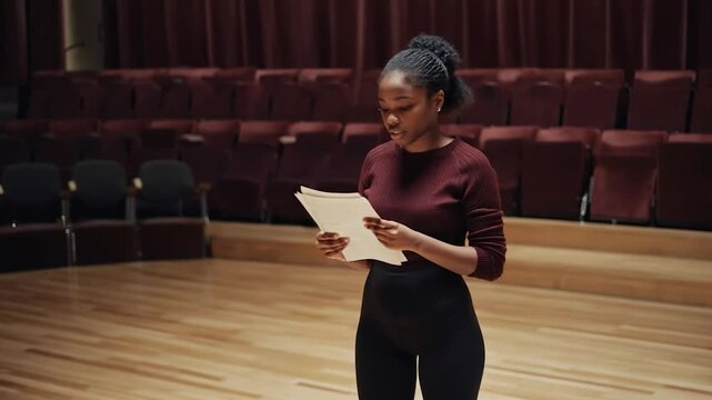Person reading papers on stage