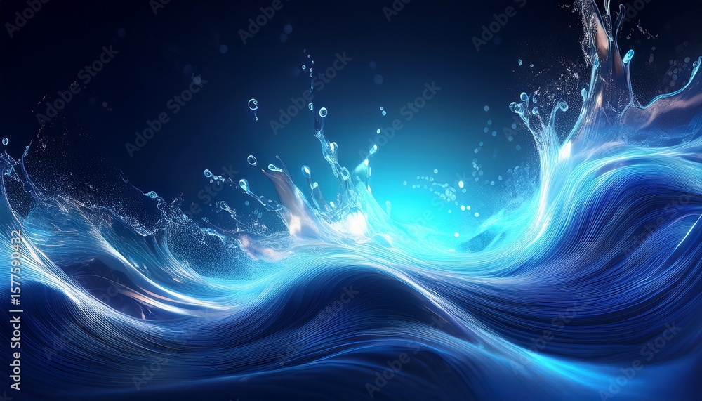 Wall mural dynamic motion of water wave and splash showing abstract energy in blue light concept generative ai