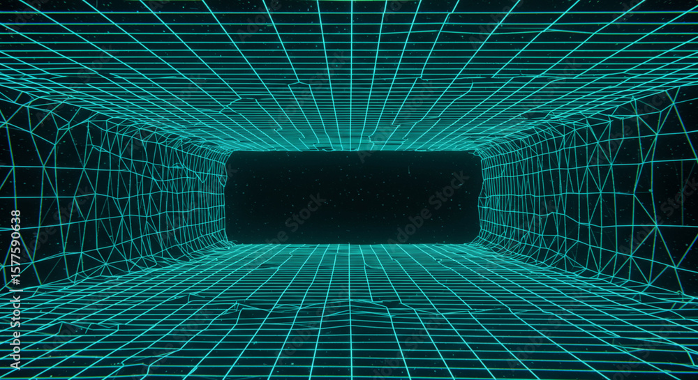 Poster a teal wireframe tunnel with a dark rectangular space at the center.