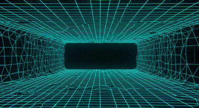 A teal wireframe tunnel with a dark rectangular space at the center.