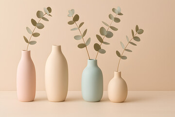 A row of pastel vases, each holding eucalyptus branches, creates a minimal and elegant home decor arrangement on a table.