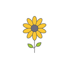 A charming cartoon of a single sunflower with yellow petals and a green stem and leaves. The illustration depicts a simple and cheerful scene