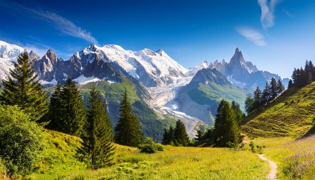 idyllic landscape with mont blanc mountain range in sunny day nature reserve aiguilles rouges french alps france europe - Powered by Adobe