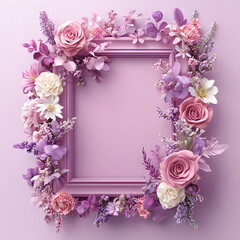 Purple frame decorated with pink and purple flowers on a purple background.