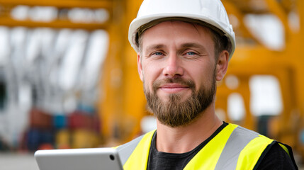 Confident logistics engineer wearing safety gear, holding tablet, smiling at container terminal