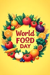A colorful wreath of fruits and vegetables with the words World Food Day written in the center. Concept of abundance and health, as well as the importance of celebrating.  
