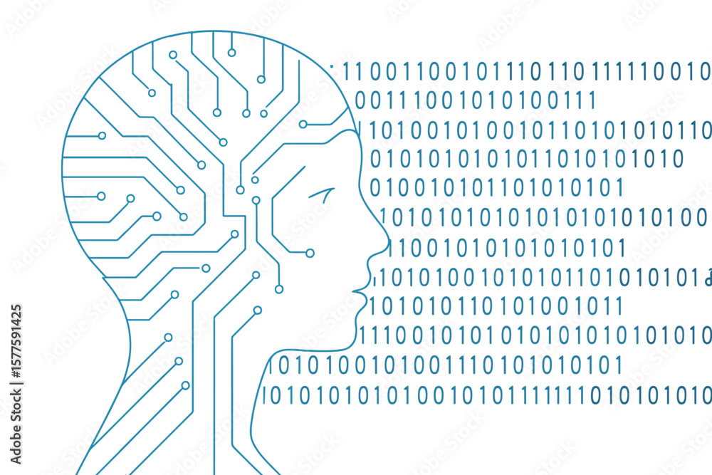 Poster machine learning and cyber mind domination concept represented as a woman's face outlined with circu