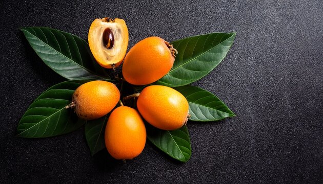 loquat fruit or japanese medlars nispero eriobotrya japonica with leaves fresh ripe bio vegetarian food medlar berries close up on black background table top view