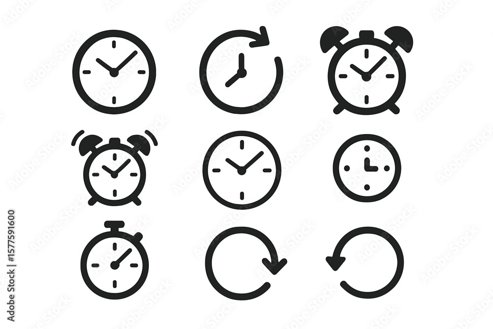Poster vector time and clock icons set including a clocks icon collection design featuring a horizontal set