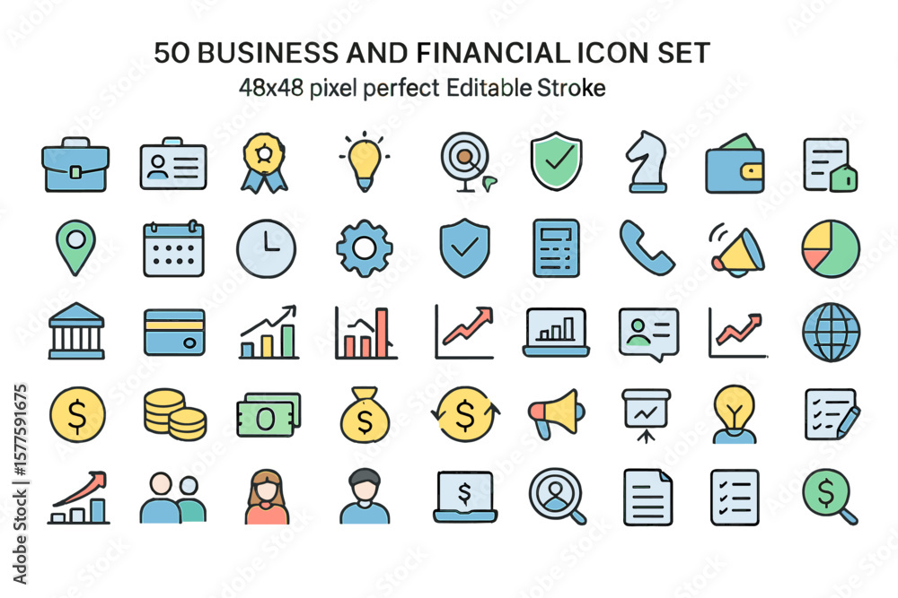 Poster a set of 50 business and financial line outline icons in vector format, each 48x48 pixels and editab