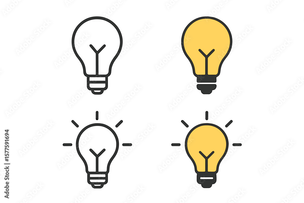 Poster icon of a light bulb, available in line, solid, and filled outline versions with colorful and vector