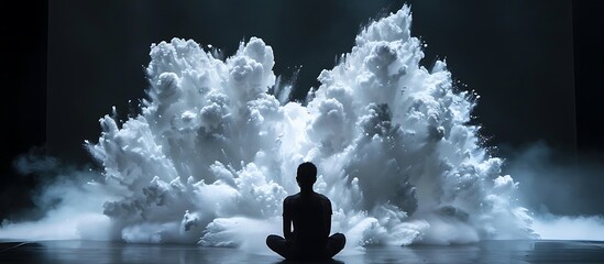 A Person Silhouetted Against a Massive White Powder Explosion Sitting in a Cross Legged Position on a Dark Floor in a Studio Setting