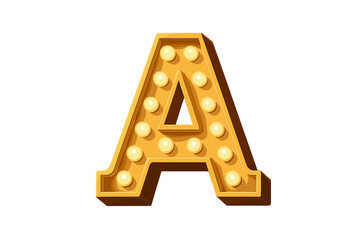 A gold-framed 3D alphabet of light bulbs is isolated on a dark red background
