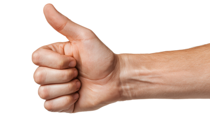A person's right hand making a thumbs up gesture, popular in the context of expressing feelings of victory, satisfaction, and liking, on a transparent background