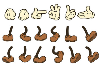 Vector set of cute animation character body parts including vintage cartoon hands in gloves and feet in shoes, featuring comics arm gestures, walking leg poses, and various foot movements and