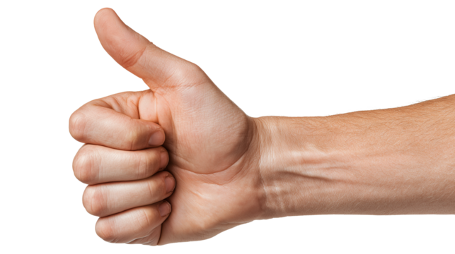 A person's right hand making a thumbs up gesture, popular in the context of expressing feelings of victory, satisfaction, and liking, on a transparent background