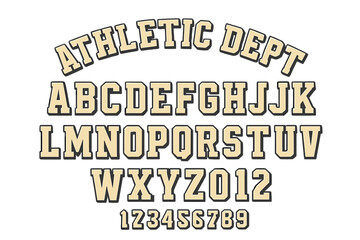 Timeless collegiate typography, reminiscent of traditional American sports fonts, ideal for logos and apparel related to football, baseball, or basketball, and characteristic of athletic department