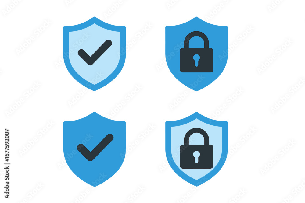 Fototapete Vector illustration of security shield symbols, including logotypes with check marks and padlocks, forming a set of security shield icons