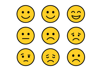 Emoticon set, emoji faces collection, and emojis in flat style, including happy and sad emojis, and a line smiley face, as a  vector