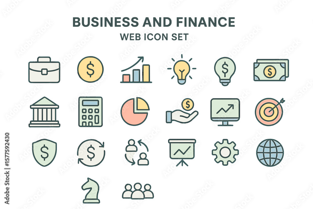 Poster minimal thin line web icon set for business and finance, featuring a collection of simple outline ic