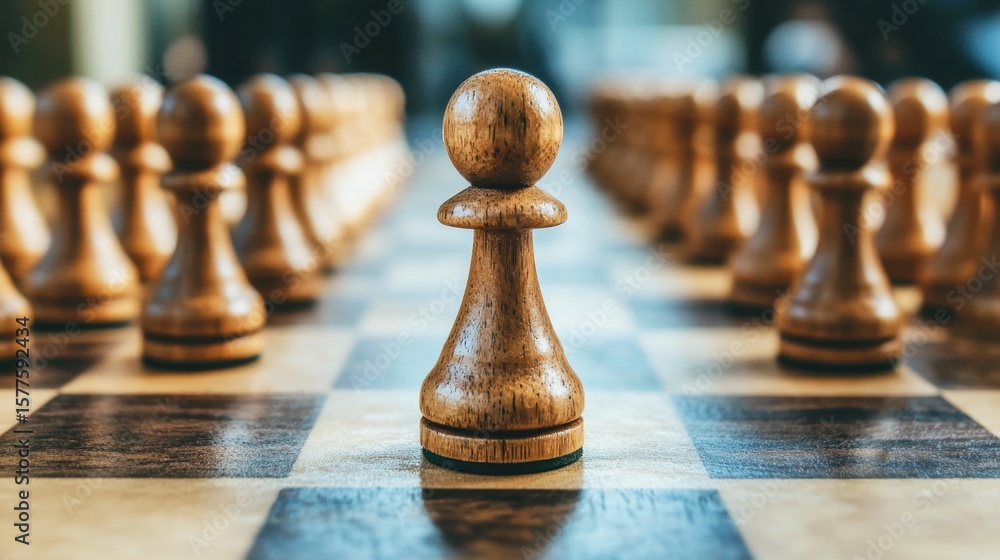 Poster wooden chess pawn focused in the center of a classic checkerboard surrounded by other chess pieces i