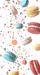 Colorful Macarons Falling Against a White Background with Pastel Dots a Delightful Sweet Treat Image Featuring Light Blue Pink Yellow and Peach Macarons