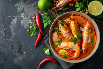 Tom yam sour spicy soup with shrimp, top view