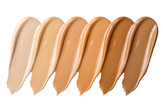 A range of six foundation swatches in various skin tones are displayed on an isolated transparent background
