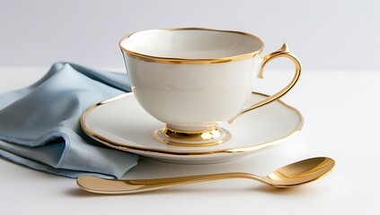 Elegant off white porcelain teacup and saucer set with gold trim delicate scalloped edges rests on light blue linen napkin gold teaspoon beside it