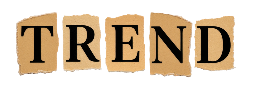 Trend word, typography style, cutout letters, modern design, fashion headline, vintage look, aesthetic layout, collage style, editorial element, Collage of letters Trend, transparent background