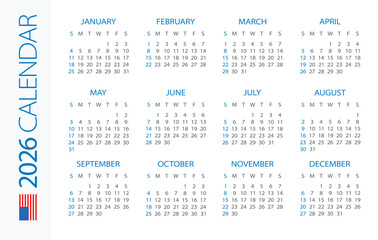 Calendar 2026 Horizontal - illustration. American version. Week starts on Sunday