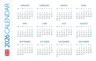 Calendar 2026 Horizontal - illustration. British version. Week starts on Monday