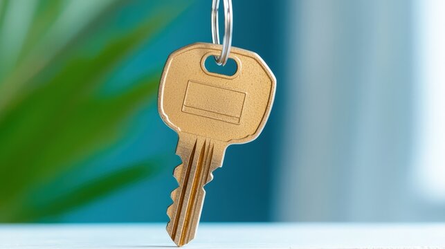 Close-up of a Gold Key Hanging from a Keychain on a Bright Background with Green Plant Blurry in the Frame