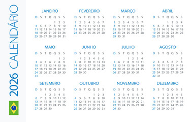 Calendar 2026 Horizontal - illustration. Brazilian version