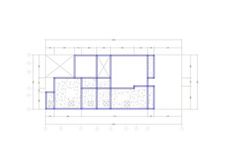 2D roof concrete floor plan features blue lines that outline structural elements and concrete slabs. Detailed architectural blueprint for structural planning, construction of a building's roof level