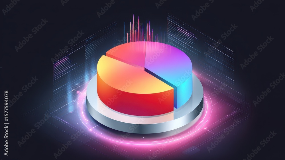 Poster visual representation of a pie chart with vibrant colors and a futuristic design, symbolizing data a