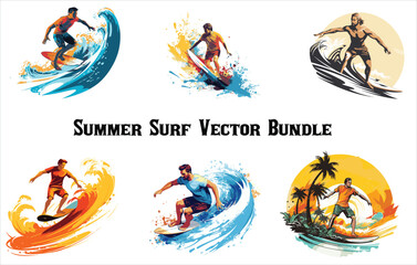 Fototapeta premium Summer surf vector bundle, Vintage summer graphic t-shirt designs bundle for print. Retro summer paradise beach vector graphic set , surfers riding waves, surfboards, 