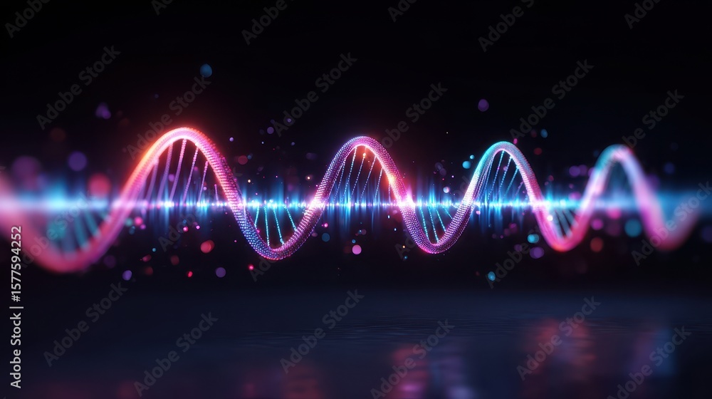 Poster abstract representation of sound waves with vibrant colors and sparkling effects against a dark back