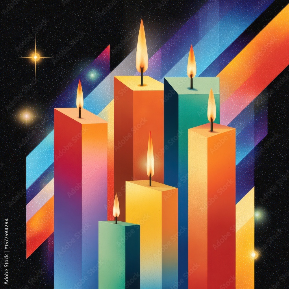Poster colorful candles with flames set against a starry background and geometric shapes, creating a vibran