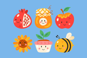 Jewish holiday Rosh Hashanah holiday cute elements set. Childish print for cards, posters and stickers