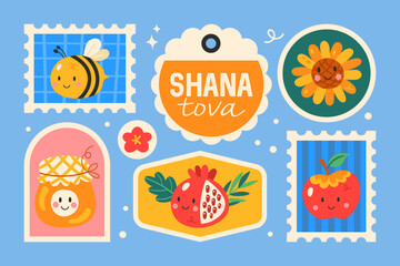Jewish holiday Rosh Hashanah holiday cute label, stamp and badge set. Childish print for cards, posters and stickers