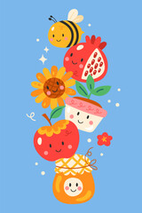 Jewish holiday Rosh Hashanah holiday cute greeting card design. Childish print for invitation, poster and banner