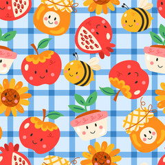 Jewish holiday Rosh Hashanah seamless pattern design with cute funny elements. Childish print for wrapping paper, packaging, background and fabric