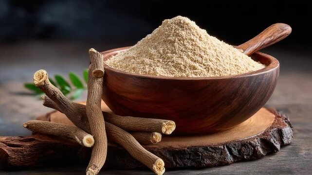 Ashwagandha: Natural ashwagandha powder and roots in a wooden bowl, highlighting the ancient herb's potential benefits, embodying wellness and holistic health practices.